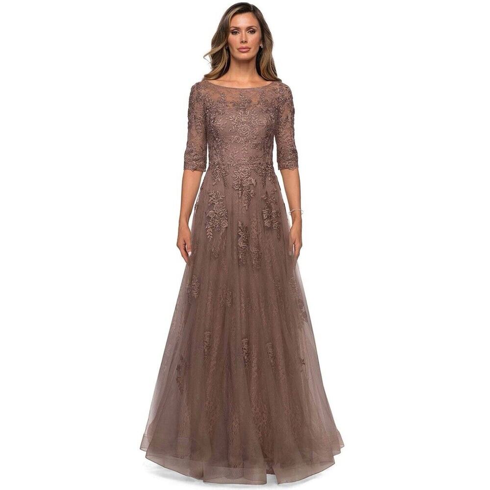 NWOT $619 La Femme Floral Lace & Tulle A Line Gown '28036' in Cocoa Sz 10
